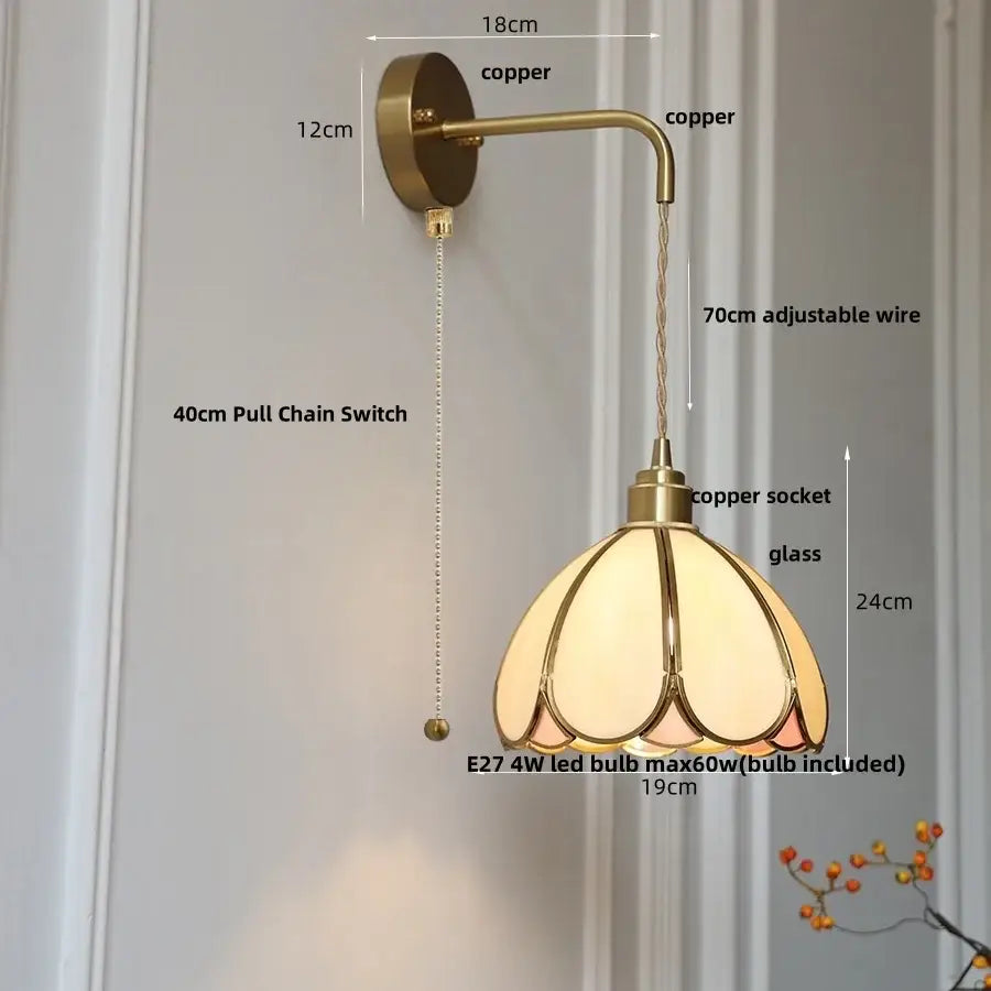 Antique brass amber glass led wall light bedroom sconce