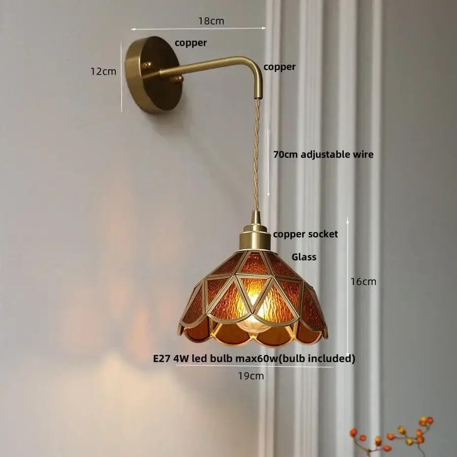 Antique brass amber glass led wall light bedroom sconce