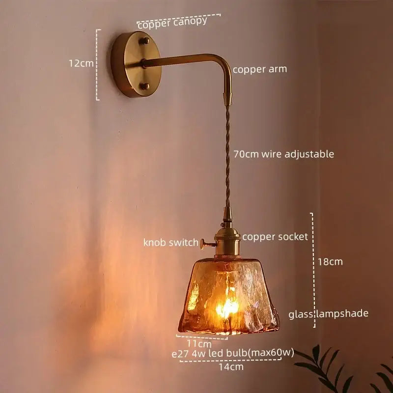 Antique brass and amber glass copper led wall lights for bedroom