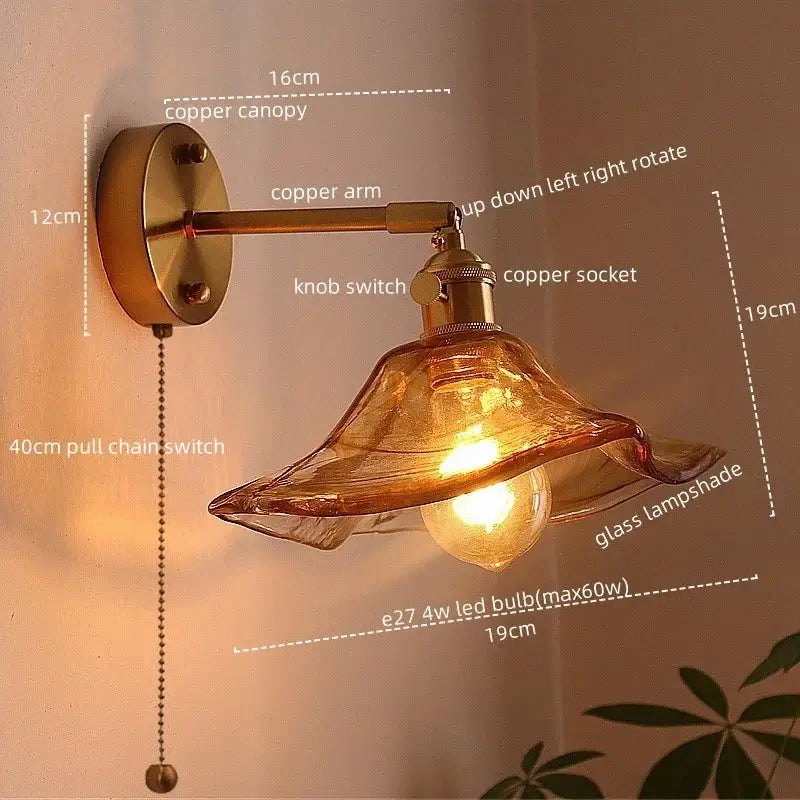 Antique brass and amber glass copper led wall lights for bedroom