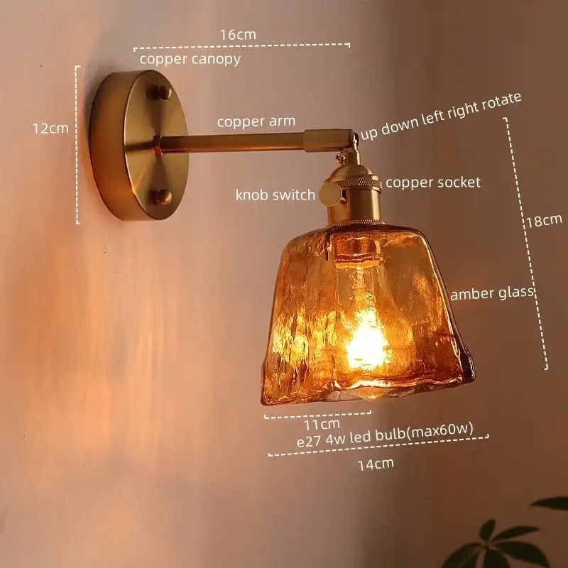 Antique brass and amber glass copper led wall lights for bedroom