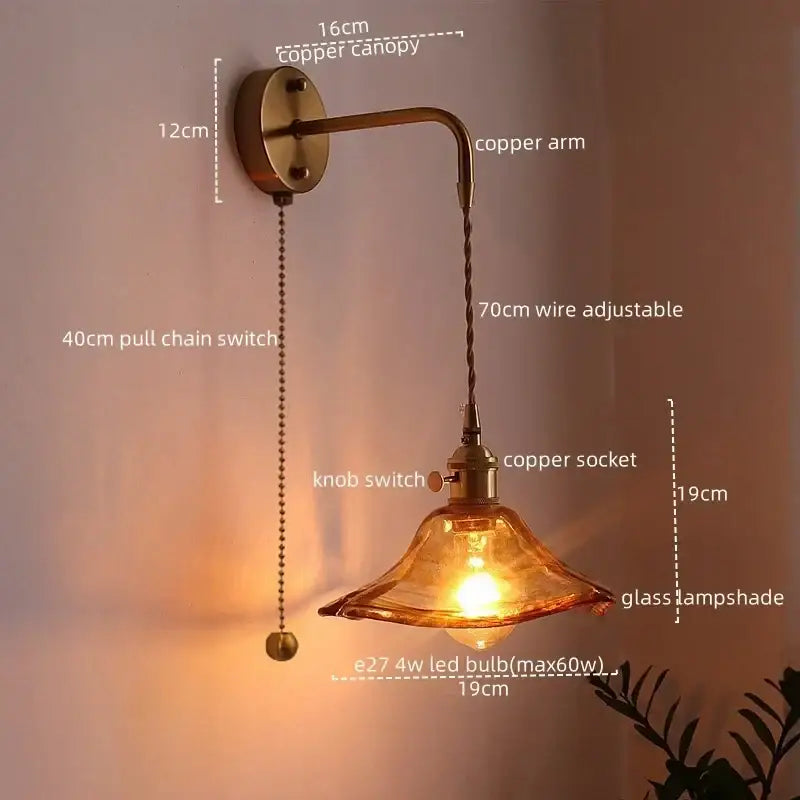 Antique brass and amber glass copper led wall lights for bedroom