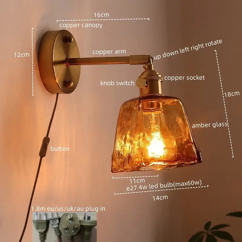 Antique brass and amber glass copper led wall lights for bedroom