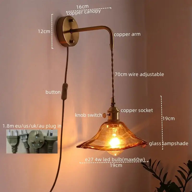 Antique brass and amber glass copper led wall lights for bedroom