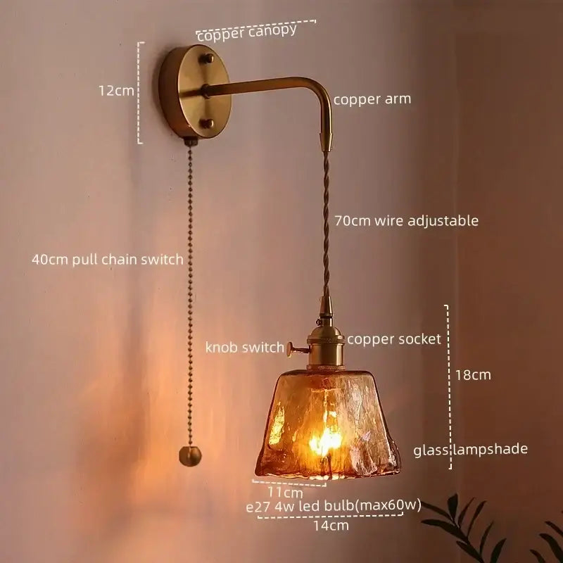 Antique brass and amber glass copper led wall lights for bedroom