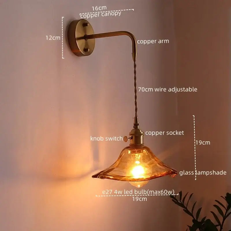 Antique brass and amber glass copper led wall lights for bedroom