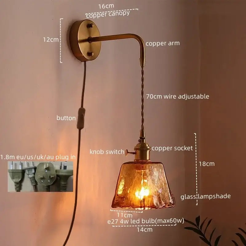 Antique brass and amber glass copper led wall lights for bedroom