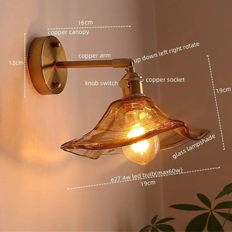 Antique brass and amber glass copper led wall lights for bedroom