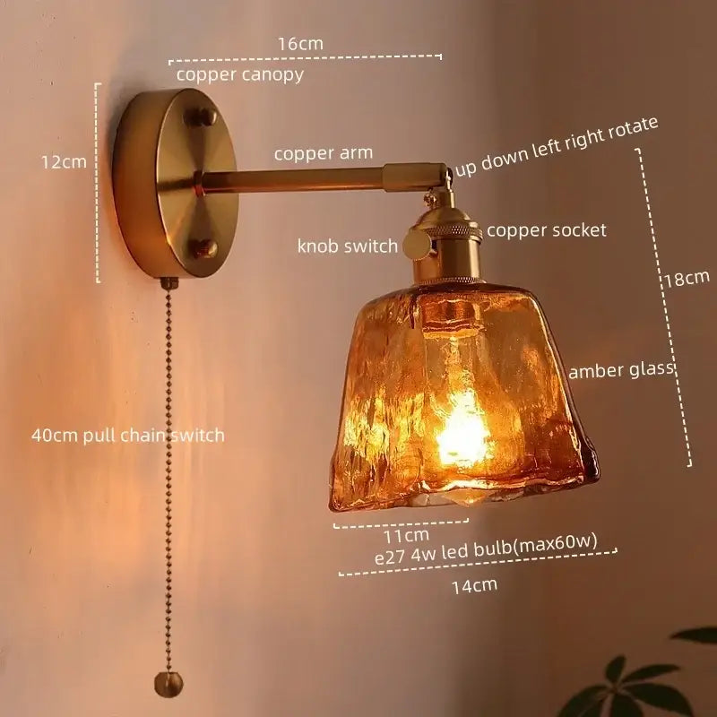 Antique brass and amber glass copper led wall lights for bedroom
