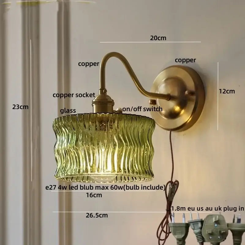 Antique brass and clear glass wall sconce bedroom light