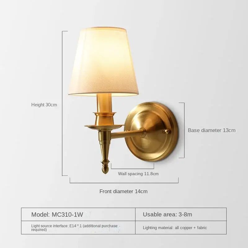 Antique brass and cream fabric copper wall lamp bedroom sconce