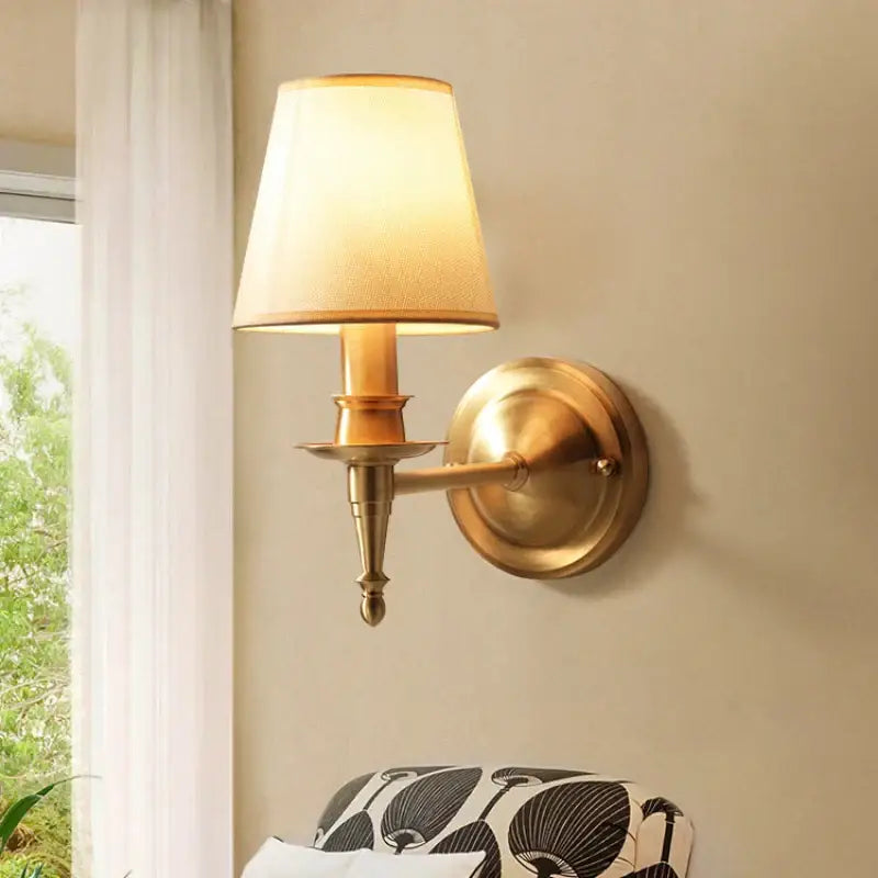 Antique brass and cream fabric copper wall lamp bedroom sconce