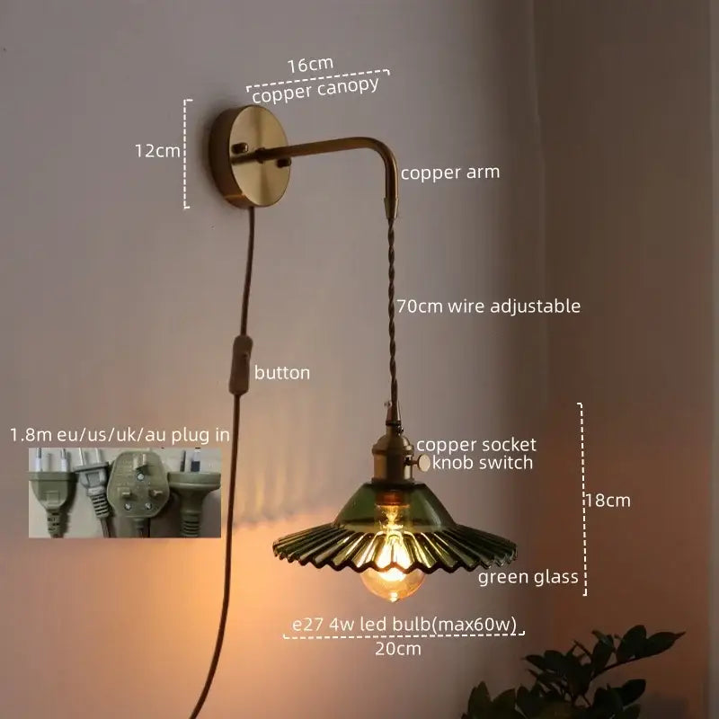 Antique brass and green glass wall lamp bedroom sconce with pull chain