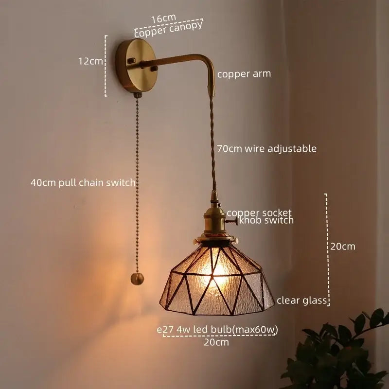 Antique brass and green glass wall lamp bedroom sconce with pull chain