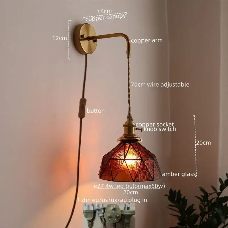 Antique brass and green glass wall lamp bedroom sconce with pull chain