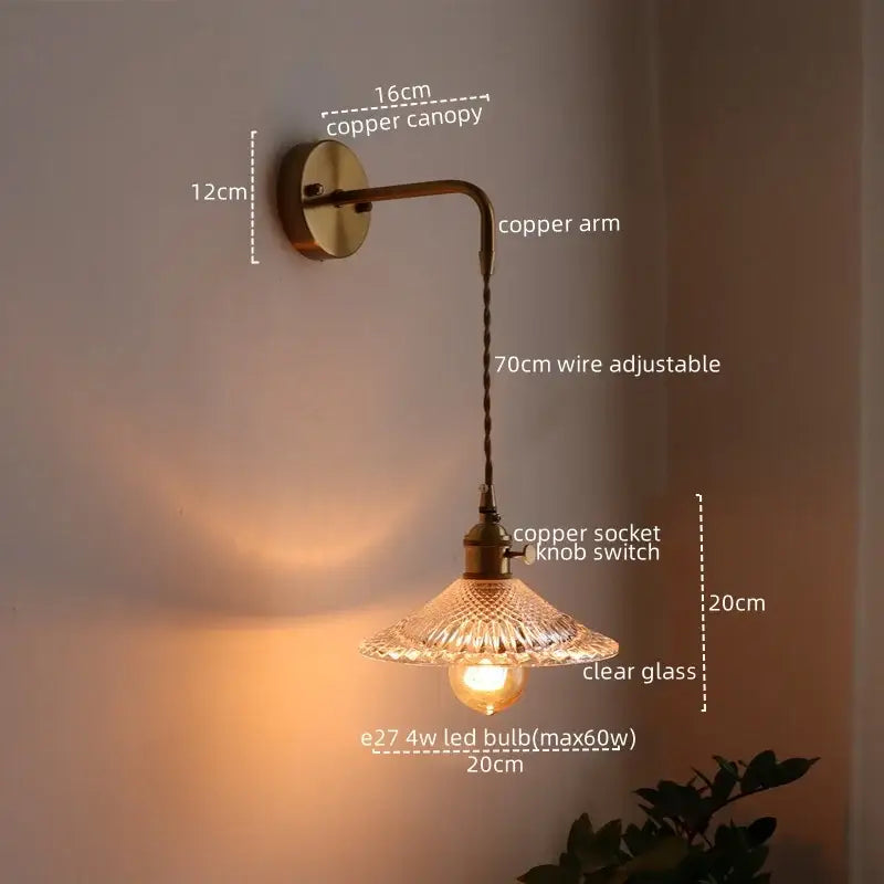 Antique brass and green glass wall lamp bedroom sconce with pull chain