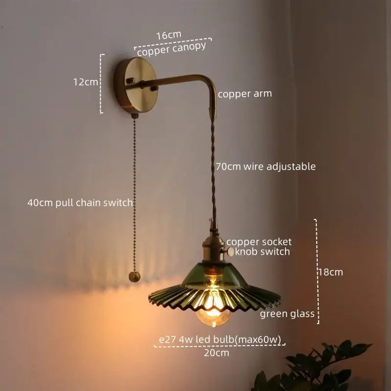 Antique brass and green glass wall lamp bedroom sconce with pull chain