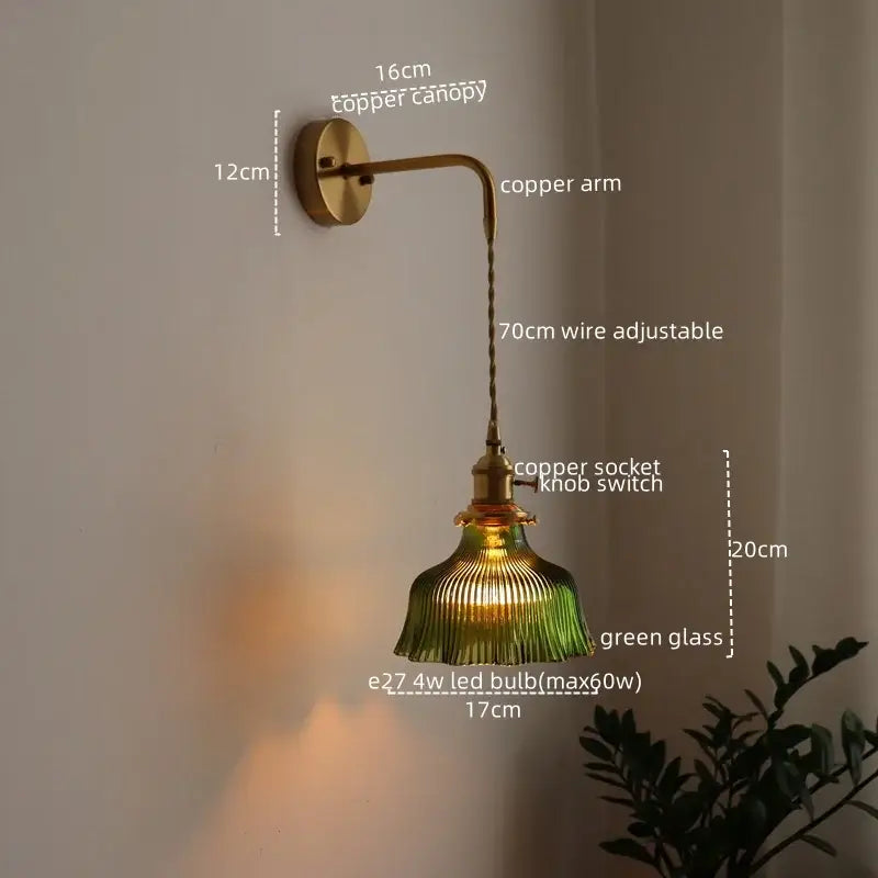 Antique brass and green glass wall lamp bedroom sconce with pull chain