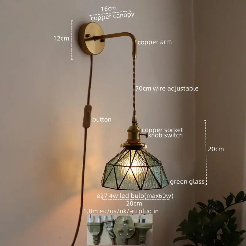 Antique brass and green glass wall lamp bedroom sconce with pull chain
