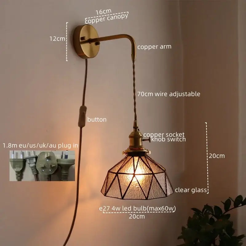 Antique brass and green glass wall lamp bedroom sconce with pull chain