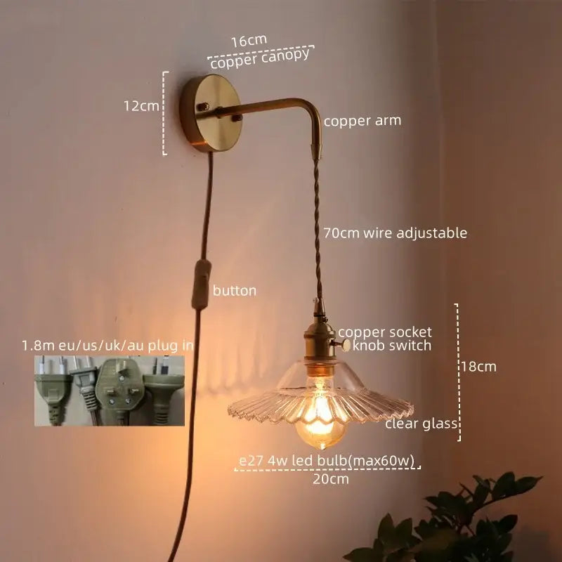 Antique brass and green glass wall lamp bedroom sconce with pull chain