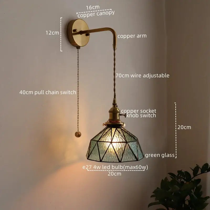 Antique brass and green glass wall lamp bedroom sconce with pull chain