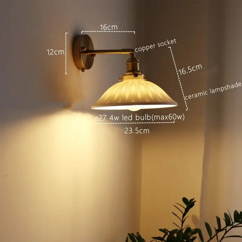 Antique brass and ribbed glass wall lamp bedroom pull chain switch