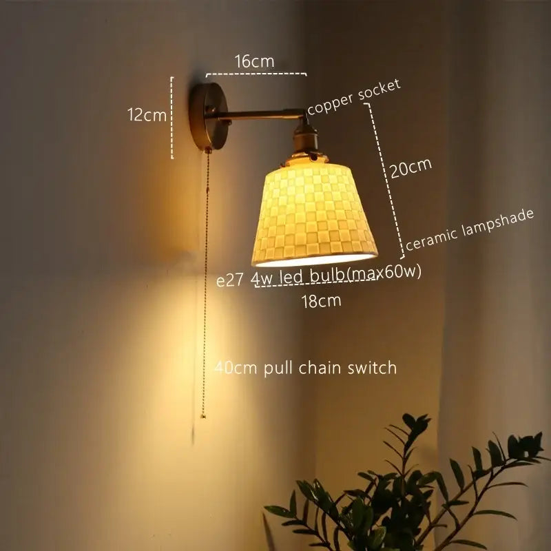 Antique brass and ribbed glass wall lamp bedroom pull chain switch