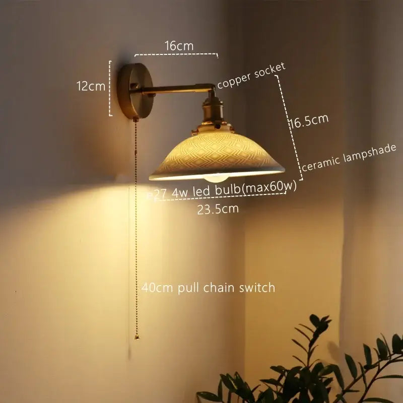Antique brass and ribbed glass wall lamp bedroom pull chain switch