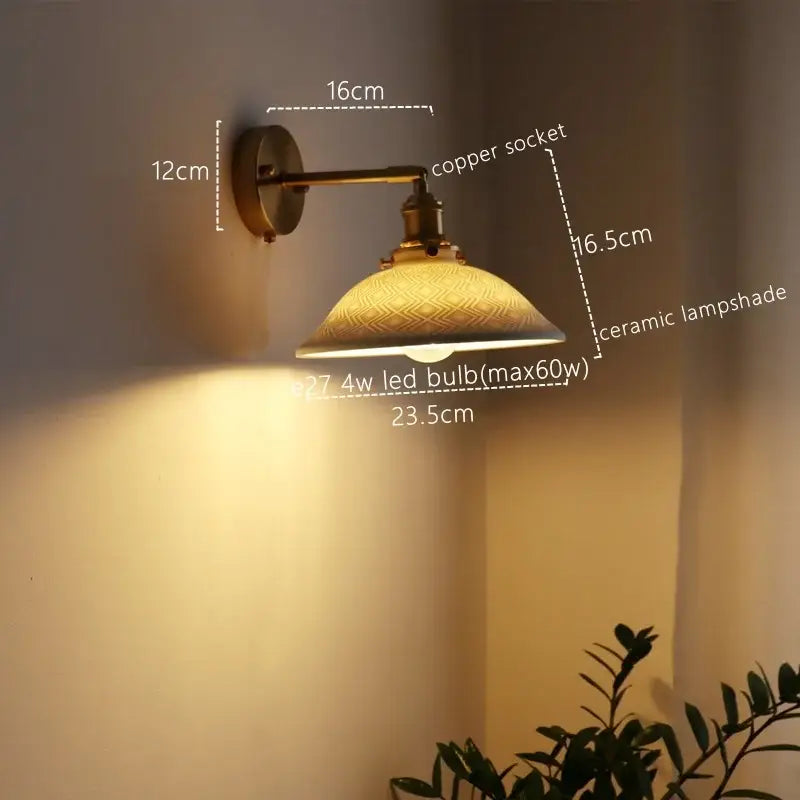Antique brass and ribbed glass wall lamp bedroom pull chain switch