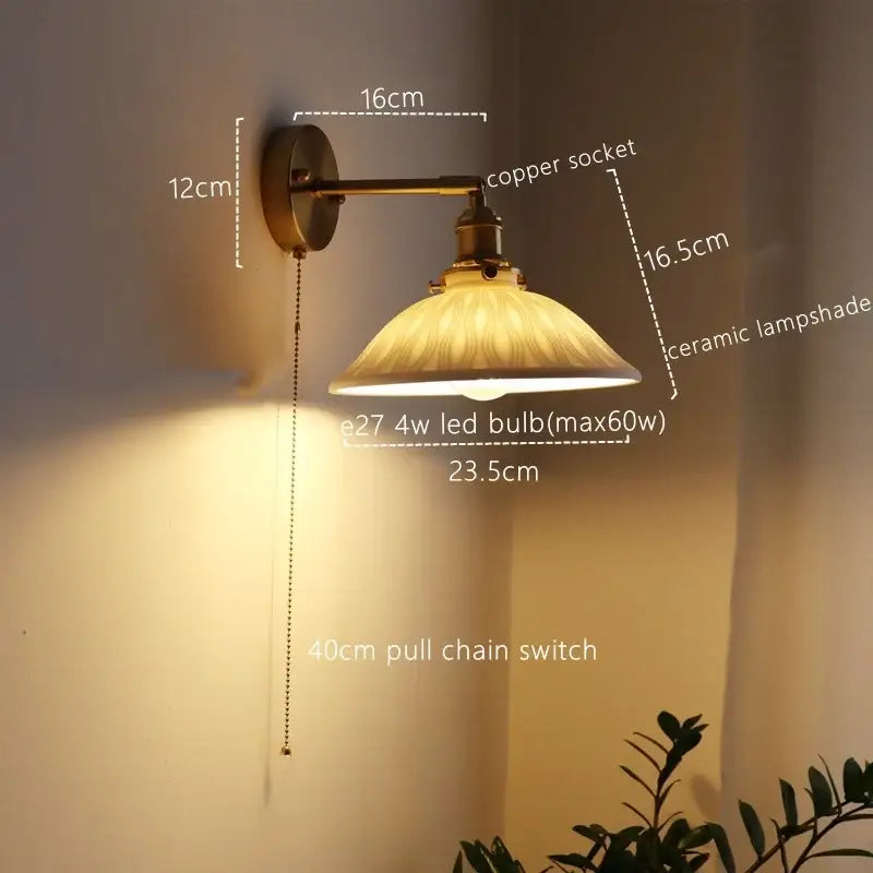 Antique brass and ribbed glass wall lamp bedroom pull chain switch