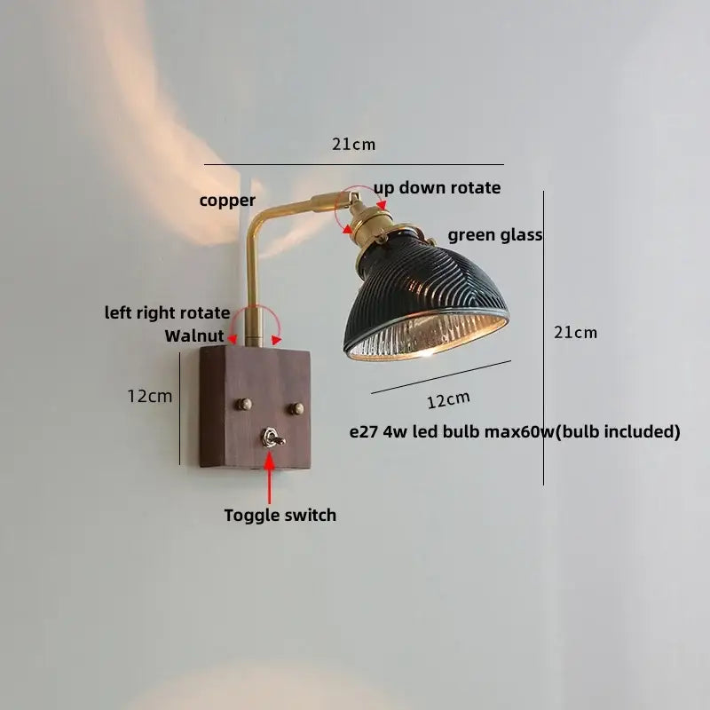 Antique brass and walnut clear glass wall lights stair fixture