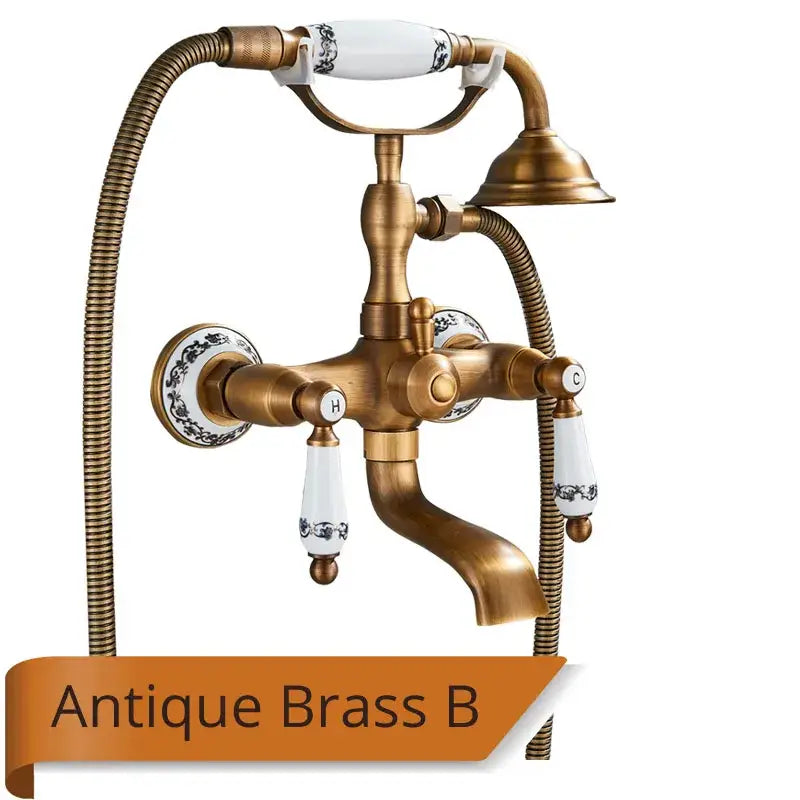Antique brass and white ceramic bathtub shower faucet set bathroom