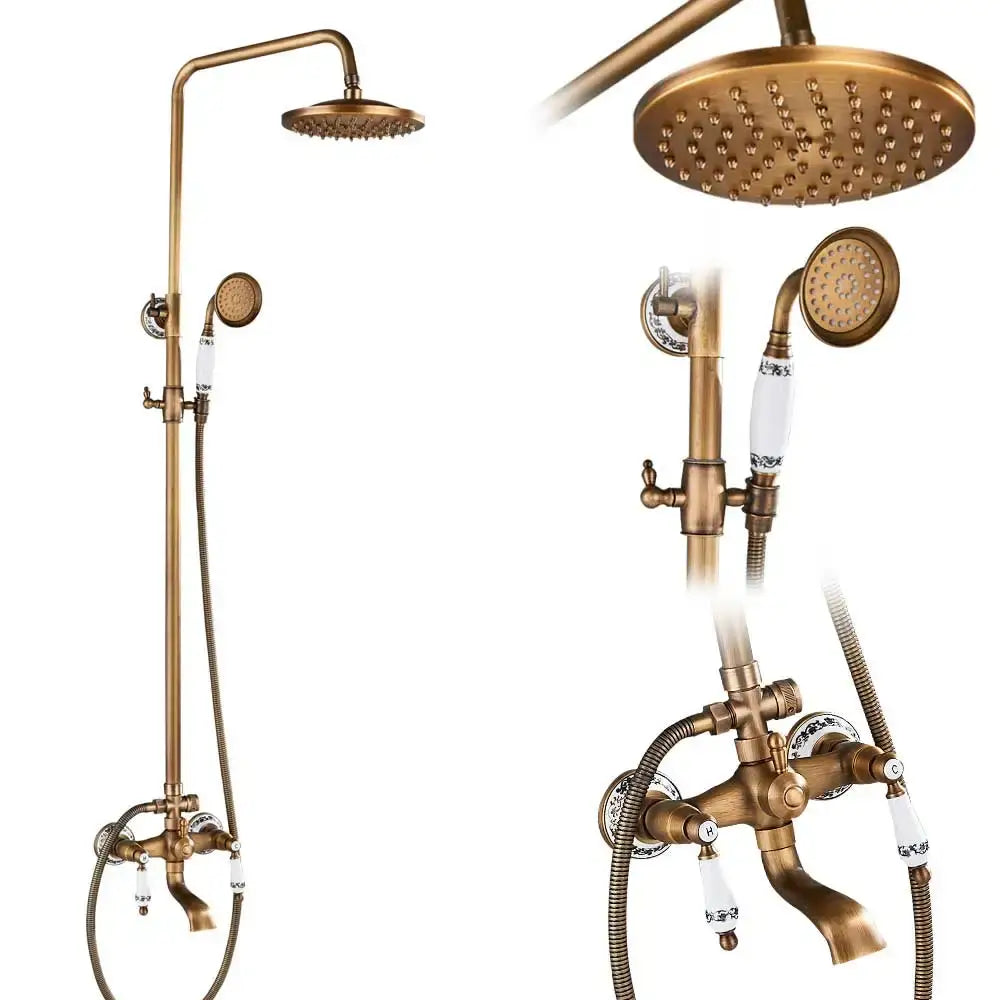 Antique brass and white ceramic shower faucet set bathroom system