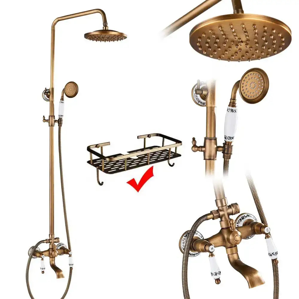 Antique brass and white ceramic shower faucet set bathroom system