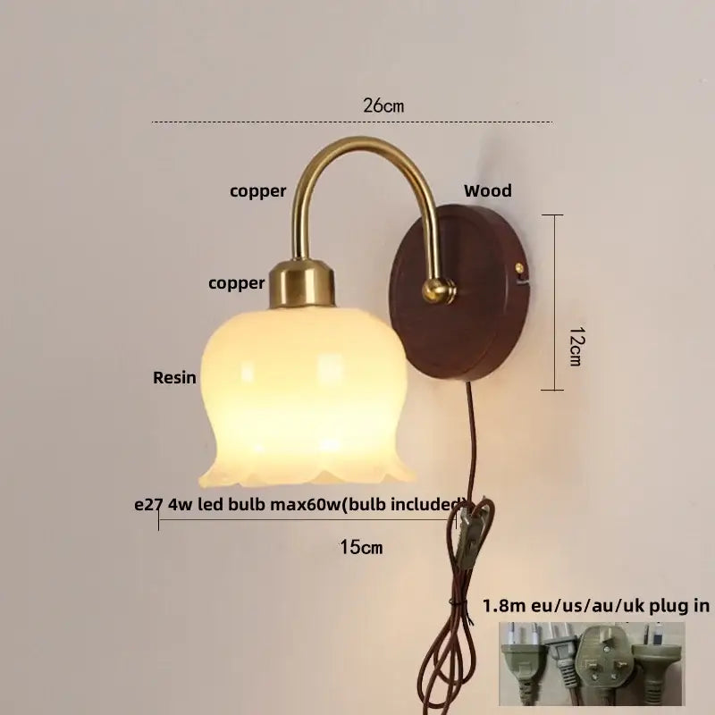 Antique brass and wood led wall light bedroom sconce with glass shade