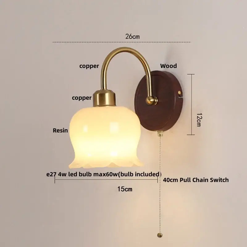 Antique brass and wood led wall light bedroom sconce with glass shade