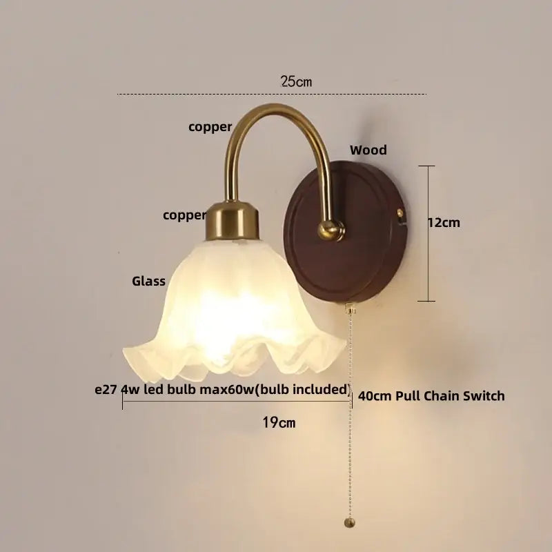 Antique brass and wood led wall light bedroom sconce with glass shade