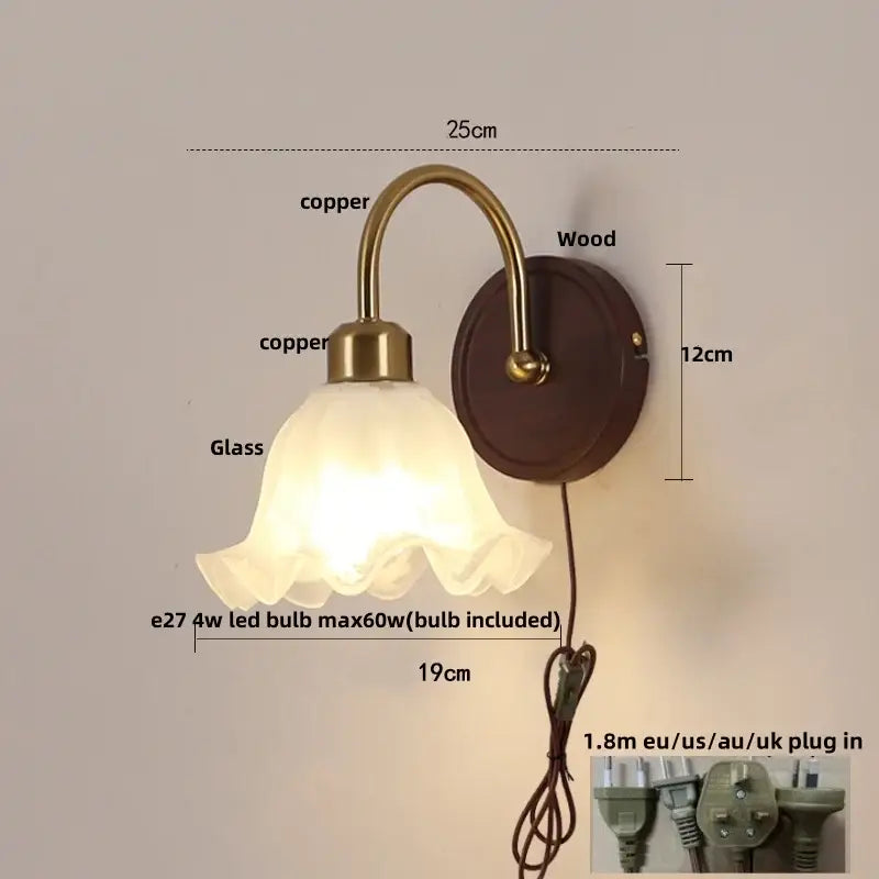 Antique brass and wood led wall light bedroom sconce with glass shade