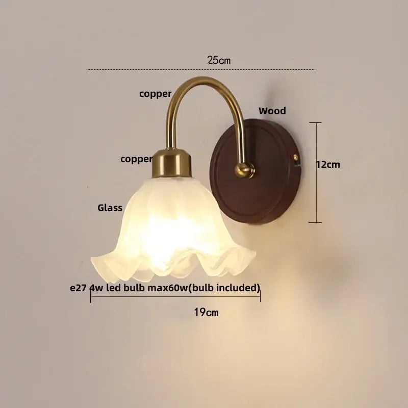Antique brass and wood led wall light bedroom sconce with glass shade