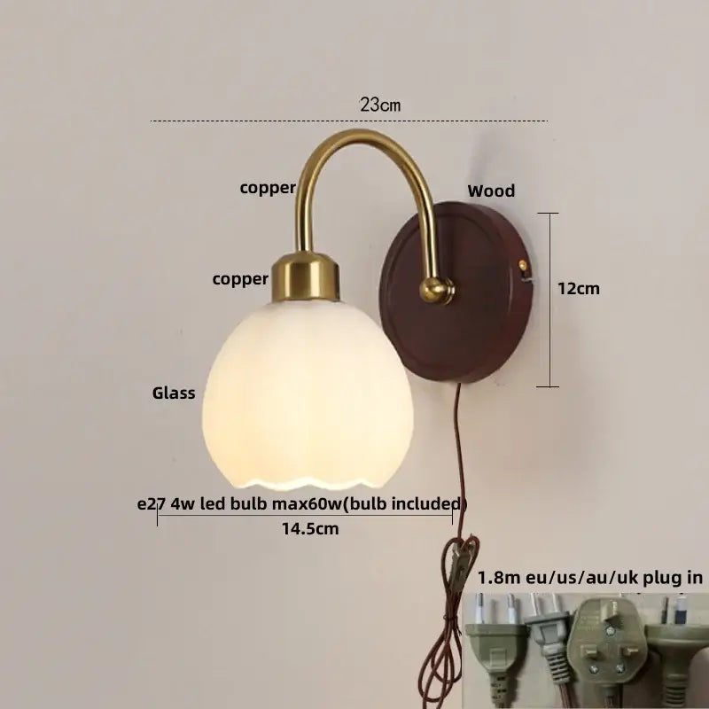 Antique brass and wood led wall light bedroom sconce with glass shade