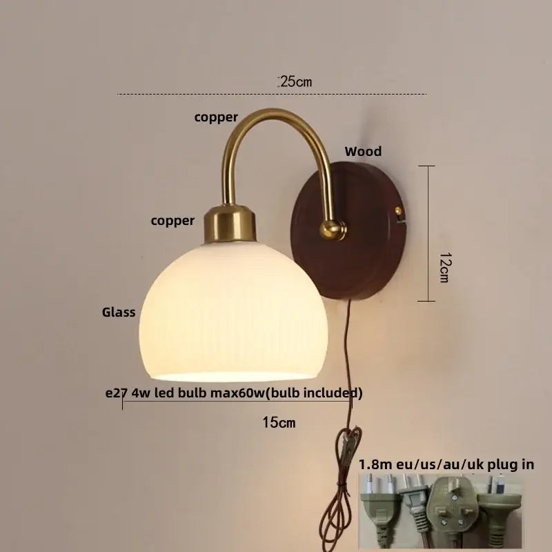 Antique brass and wood led wall light bedroom sconce with glass shade