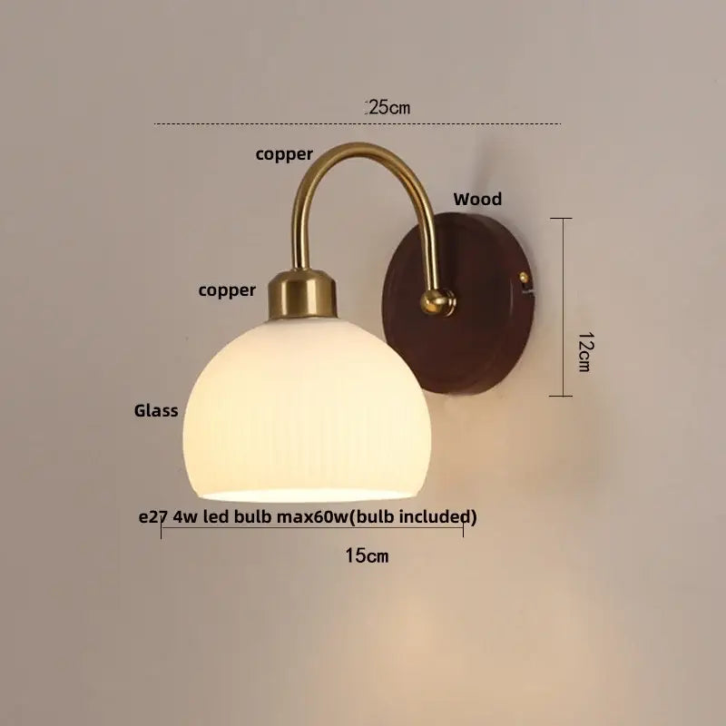Antique brass and wood led wall light bedroom sconce with glass shade