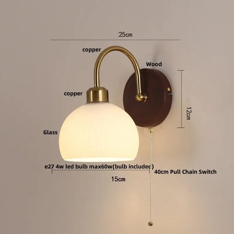Antique brass and wood led wall light bedroom sconce with glass shade