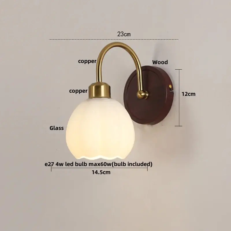 Antique brass and wood led wall light bedroom sconce with glass shade