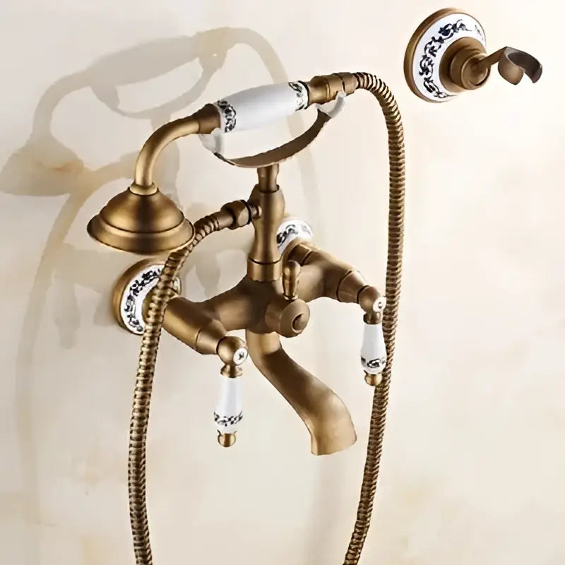 Antique brass bathtub shower set with ceramic handles bathroom mixer