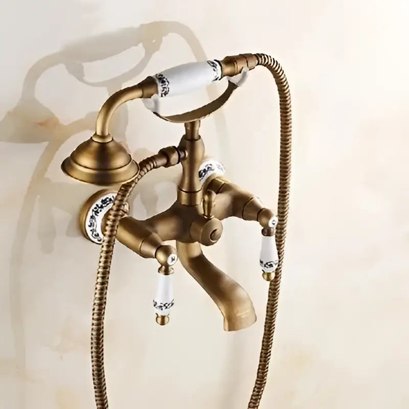 Antique brass bathtub shower set with ceramic handles bathroom mixer