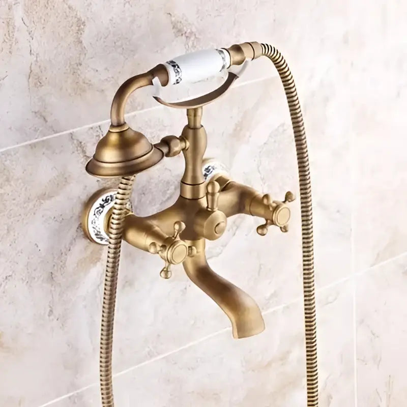 Antique brass bathtub shower set with ceramic handles bathroom mixer