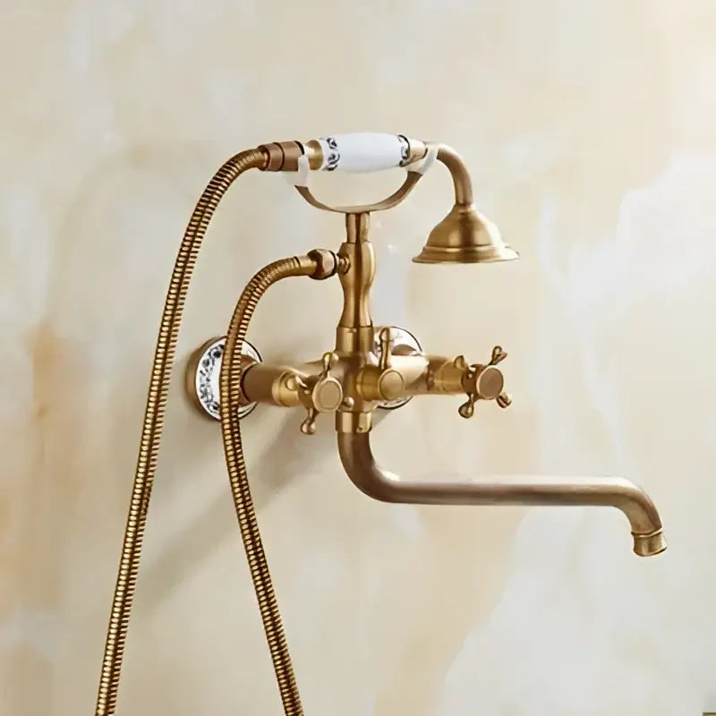 Antique brass bathtub shower set with ceramic handles bathroom mixer