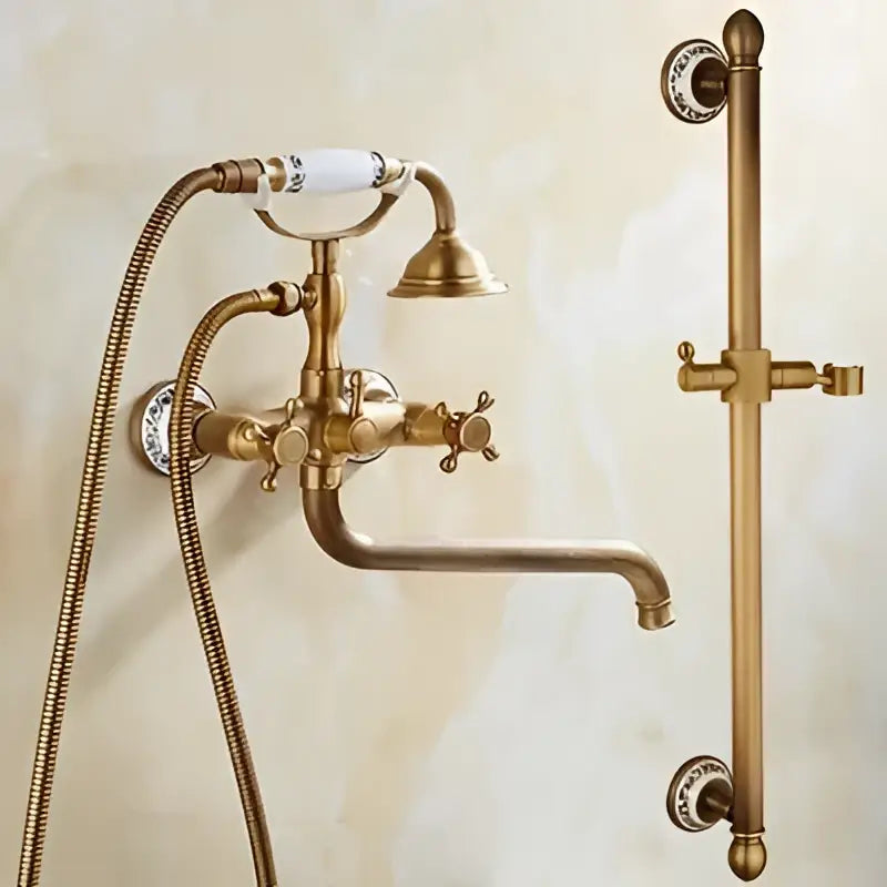 Antique brass bathtub shower set with ceramic handles bathroom mixer